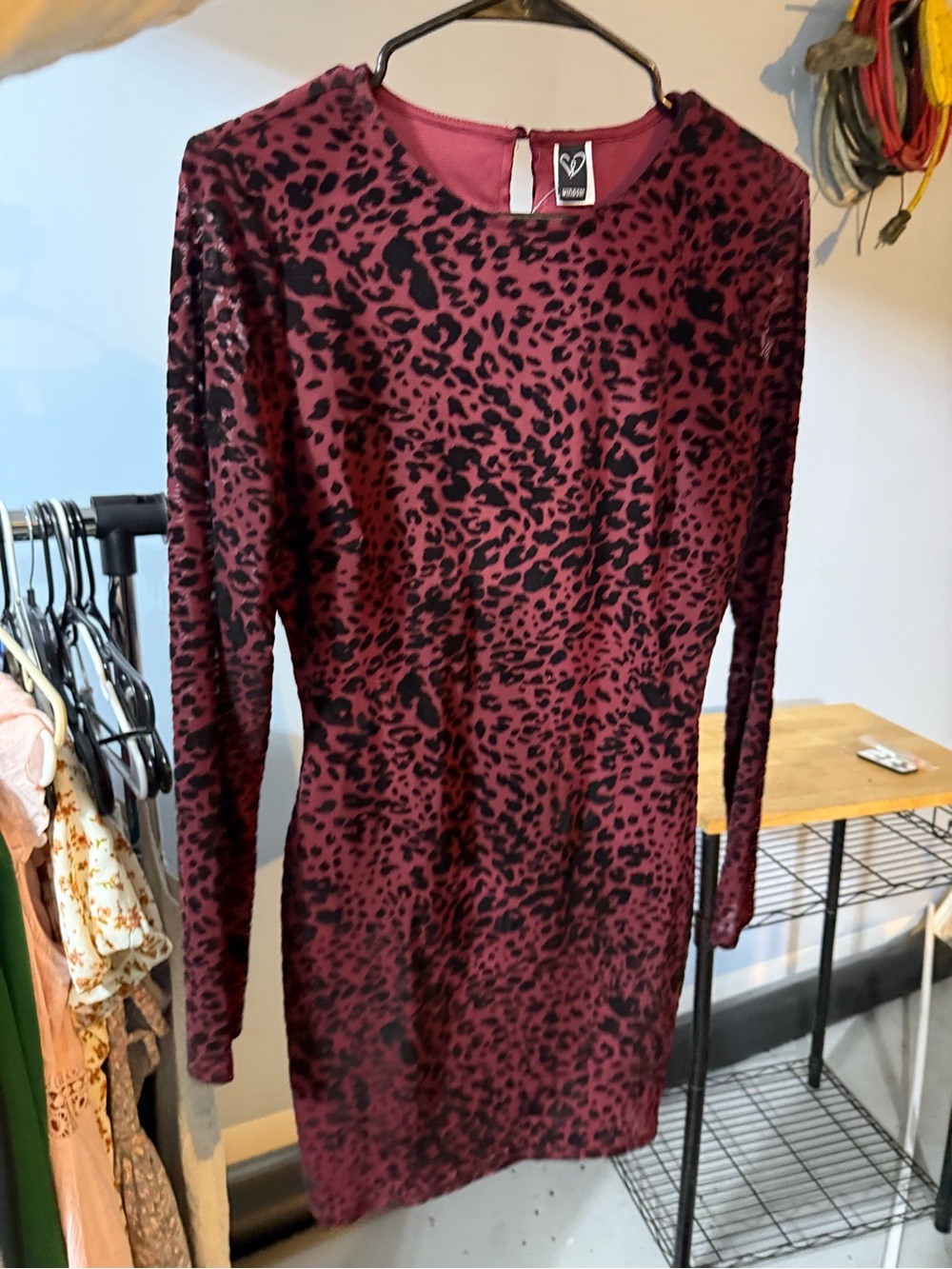 Wine Red Leopard Print Long Sleeve Bodycon Dress